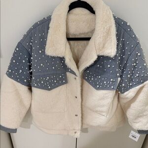 Pearl Embellished Faux Fur Jacket